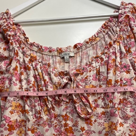 AUW Womens L Multicolor Floral Romper Cinched Waist Pleated Bust Keyhole Tie - Picture 7 of 8